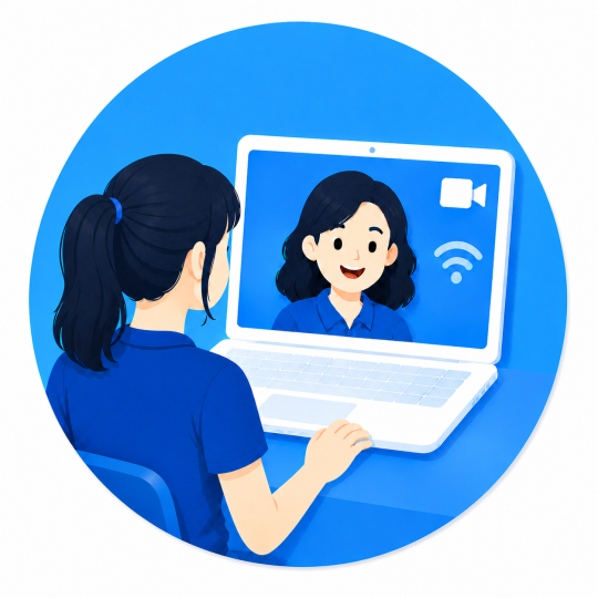 A drawing of a student wearing glasses to indicate online lessons